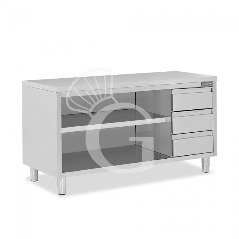 Mesa contrabarra de acero inoxidable 3 cajones en el lado derecho L 2000 mm x P 700 mm x A 850 mm