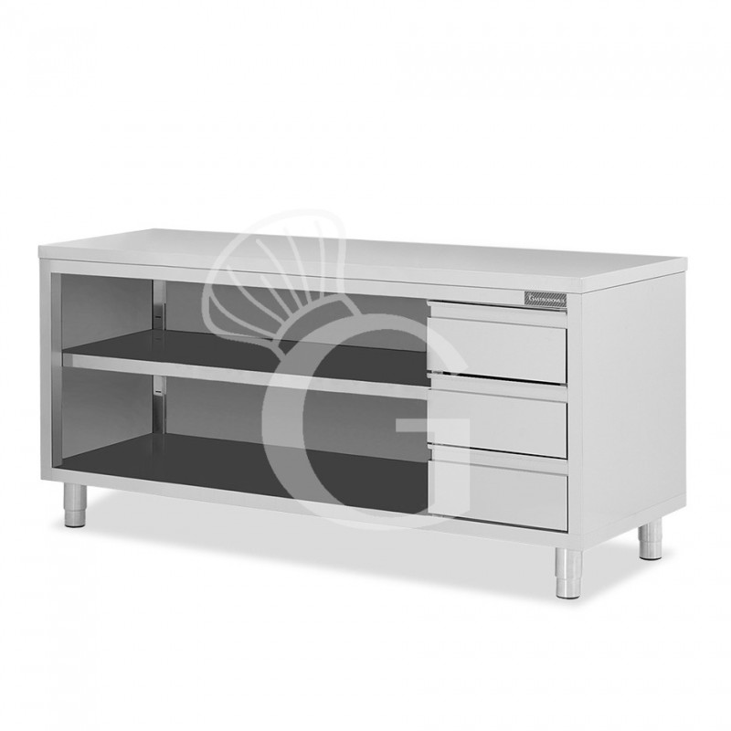Mesa contrabarra de acero inoxidable 3 cajones en el lado derecho L 2200 mm x P 600 mm x A 850 mm