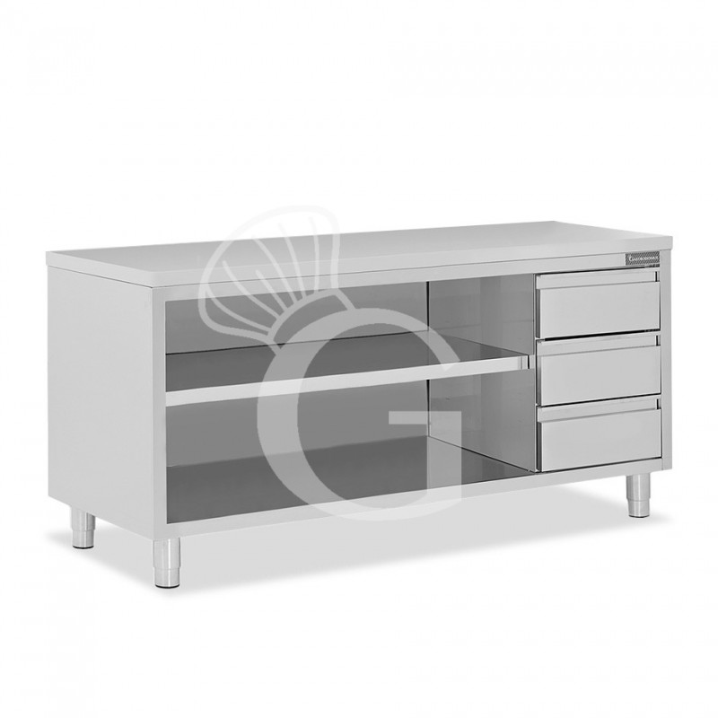 Mesa contrabarra de acero inoxidable 3 cajones en el lado derecho L 2400 mm x P 600 mm x A 850 mm