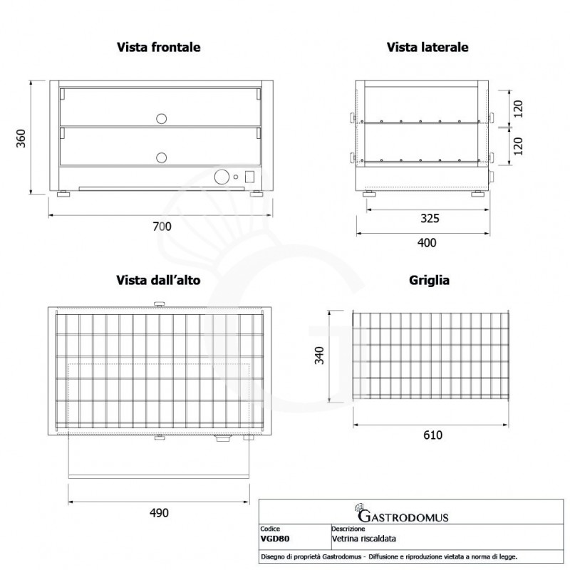 Vitrina caliente de vidrio y acero inoxidable +30°C/+90°C 80 LT L 700 mm x P 400 mm x A 360 mm