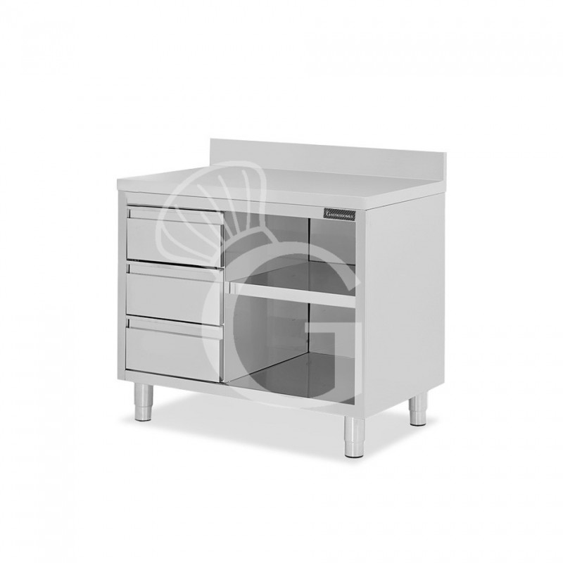 Mesa contrabarra de acero inoxidable 3 cajones a la izquierda y peto L 1200 mm x P 600 mm x A 950 mm