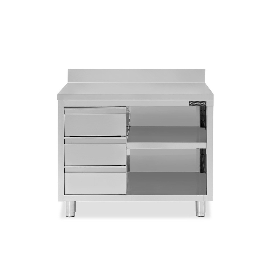 Mesa contrabarra de acero inoxidable 3 cajones a la izquierda y peto L 1000 mm x P 700 mm x A 950 mm
