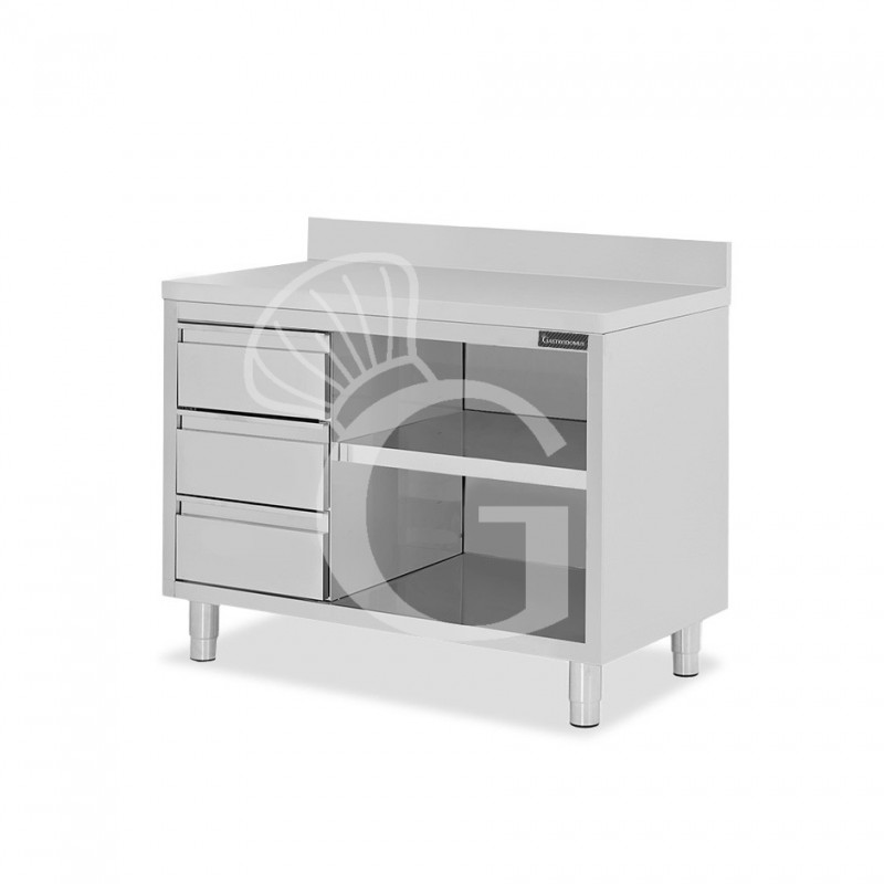 Mesa contrabarra de acero inoxidable 3 cajones a la izquierda y peto L 1500 mm x P 700 mm x A 950 mm