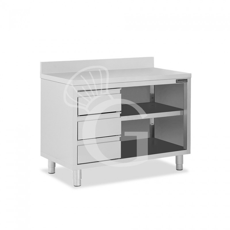 Mesa contrabarra de acero inoxidable 3 cajones a la izquierda y peto L 1500 mm x P 700 mm x A 950 mm