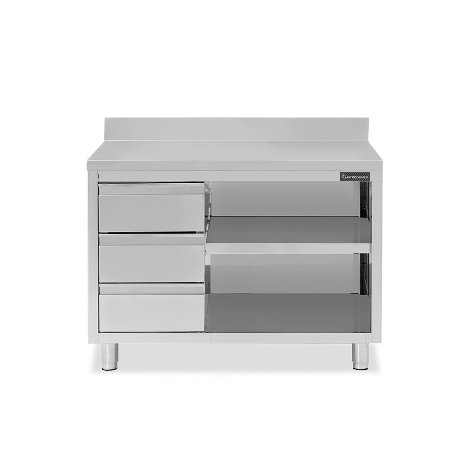 Mesa contrabarra de acero inoxidable 3 cajones a la izquierda y peto L 1500 mm x P 700 mm x A 950 mm