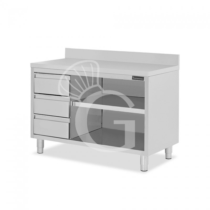 Mesa contrabarra de acero inoxidable 3 cajones a la izquierda y peto L 1700 mm x P 700 mm x A 950 mm