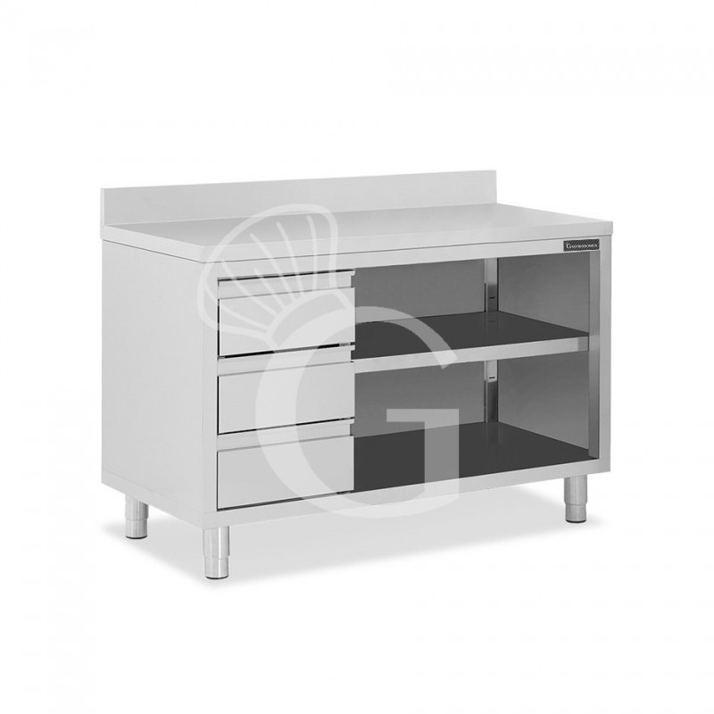 Mesa contrabarra de acero inoxidable 3 cajones a la izquierda y peto L 1700 mm x P 700 mm x A 950 mm