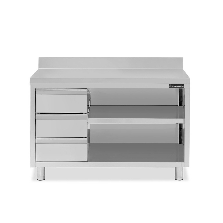 Mesa contrabarra de acero inoxidable 3 cajones a la izquierda y peto L 1700 mm x P 700 mm x A 950 mm