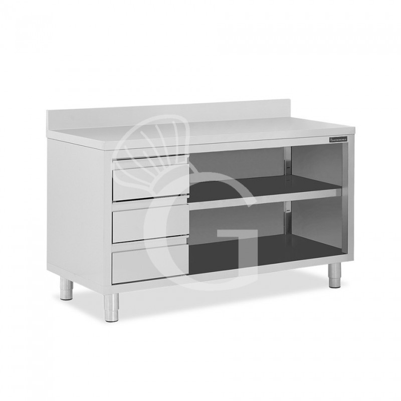 Mesa contrabarra de acero inoxidable 3 cajones a la izquierda y peto L 1800 mm x P 600 mm x A 950 mm