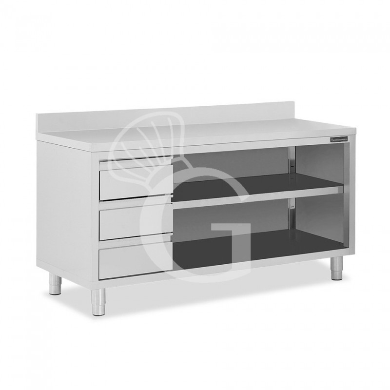 Mesa contrabarra de acero inoxidable 3 cajones a la izquierda y peto L 2000 mm x P 600 mm x A 950 mm