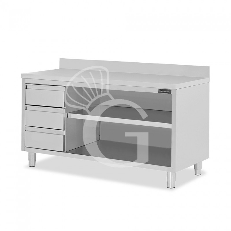 Mesa contrabarra de acero inoxidable 3 cajones a la izquierda y peto L 2100 mm x P 700 mm x A 950 mm