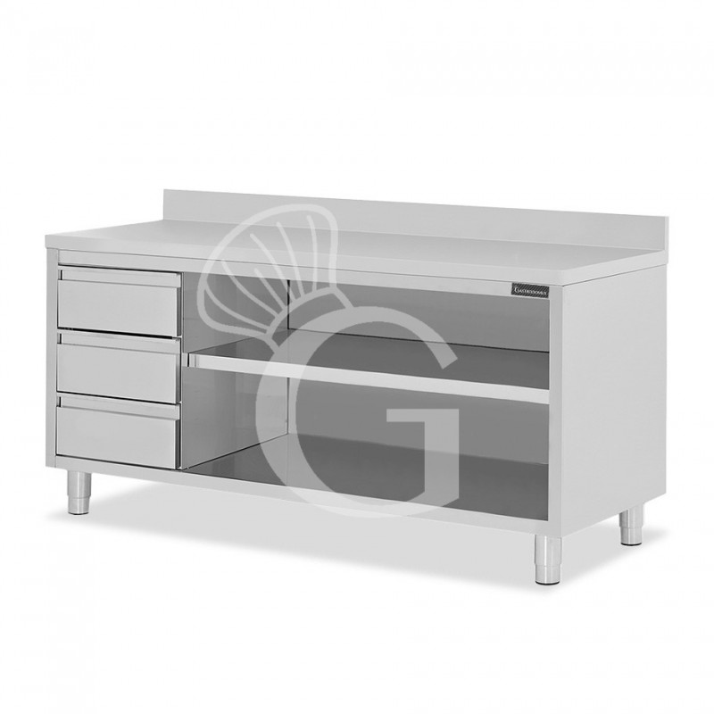 Tavolo a giorno in acciaio inox,3 cassetti a sinistra, alzatina, L 2300 mm x P 700 mm x H 950 mm