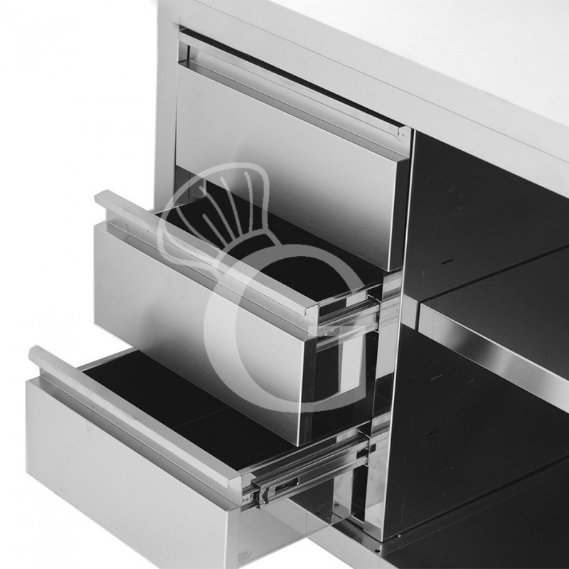 Tavolo a giorno in acciaio inox,3 cassetti a sinistra, alzatina, L 2300 mm x P 700 mm x H 950 mm