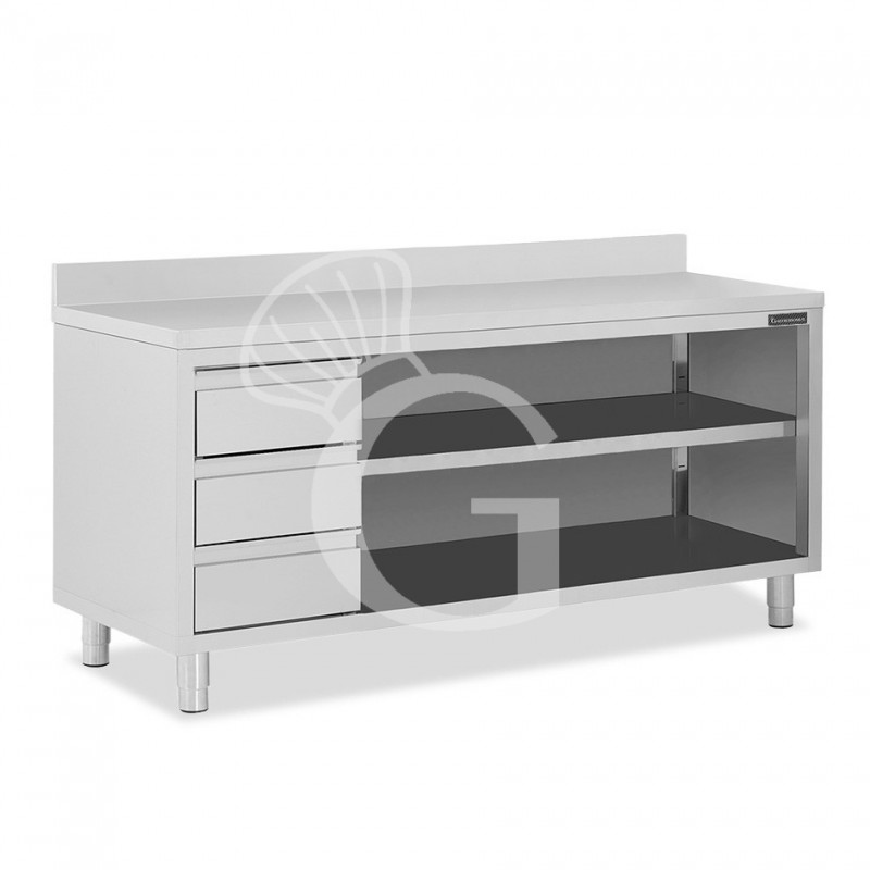 Tavolo a giorno in acciaio inox,3 cassetti a sinistra, alzatina, L 2300 mm x P 700 mm x H 950 mm