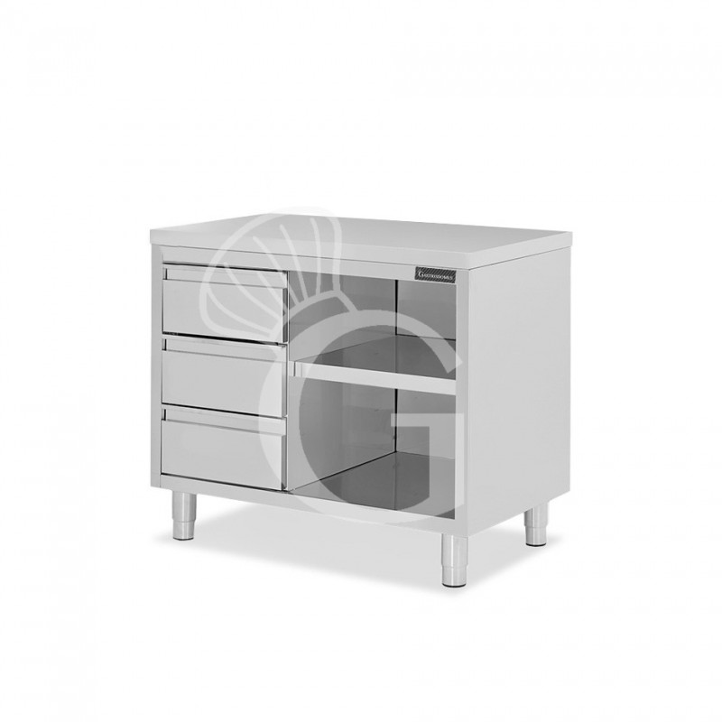 Mesa contrabarra de acero inoxidable 3 cajones en el lado izquierdo L 1000 mm x P 600 mm x A 850 mm