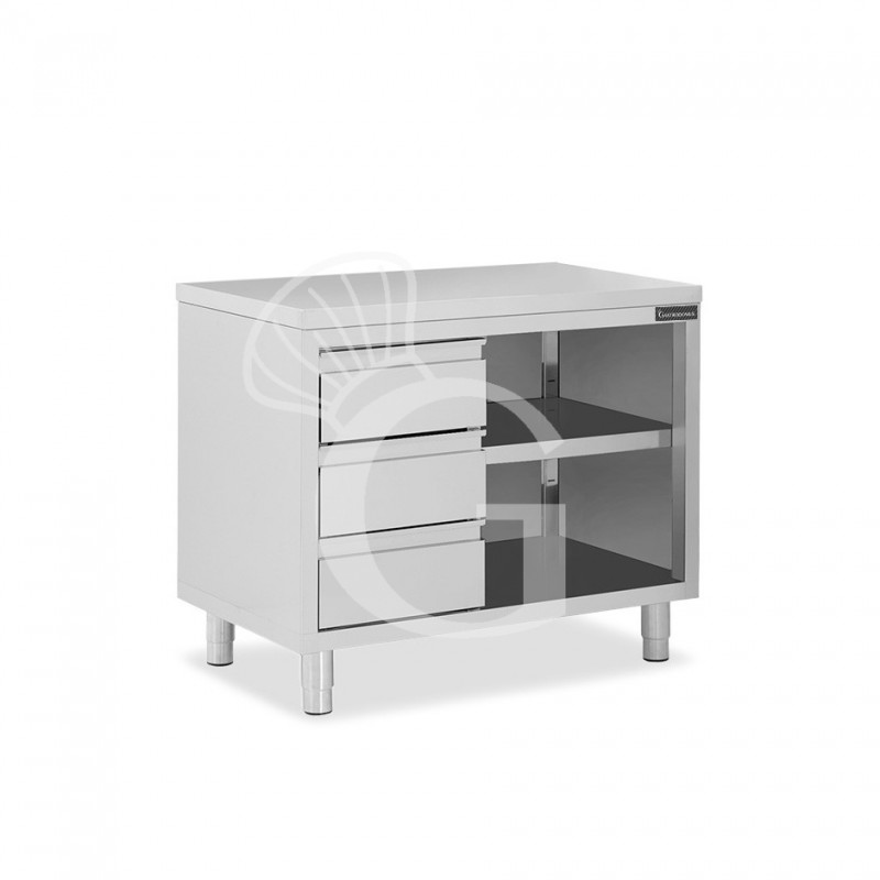 Mesa contrabarra de acero inoxidable 3 cajones en el lado izquierdo L 1000 mm x P 700 mm x A 850 mm