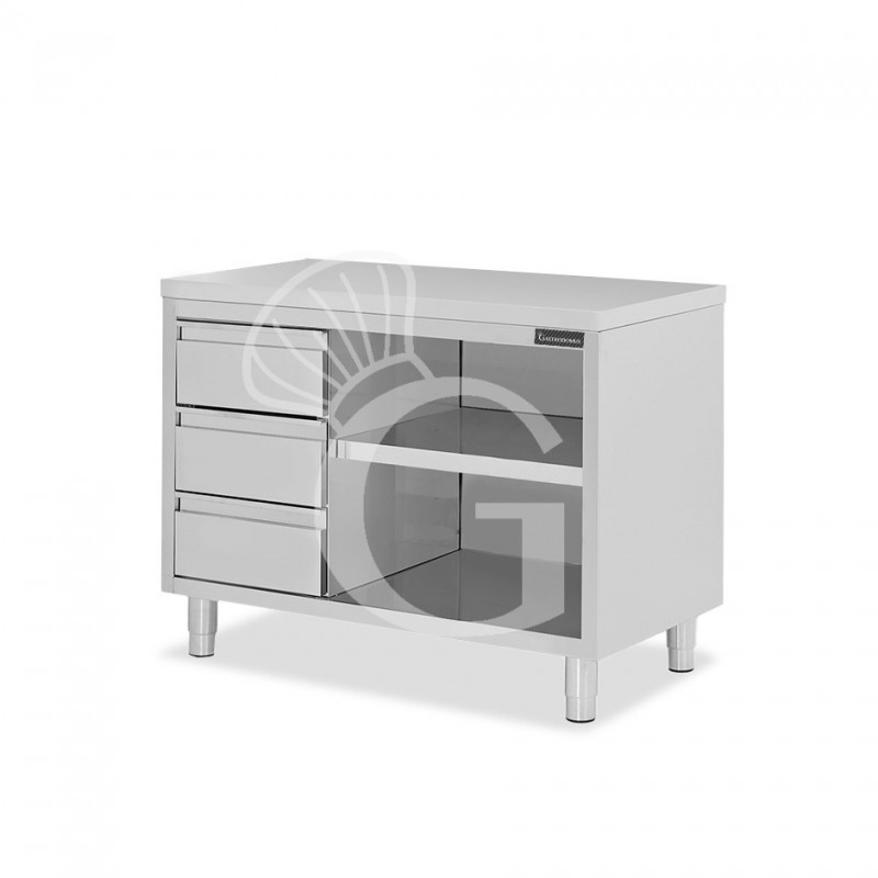 Mesa contrabarra de acero inoxidable 3 cajones en el lado izquierdo L 1400 mm x P 700 mm x A 850 mm