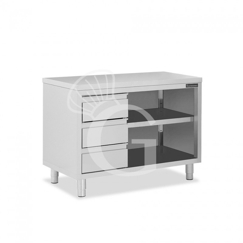 Mesa contrabarra de acero inoxidable 3 cajones en el lado izquierdo L 1400 mm x P 700 mm x A 850 mm