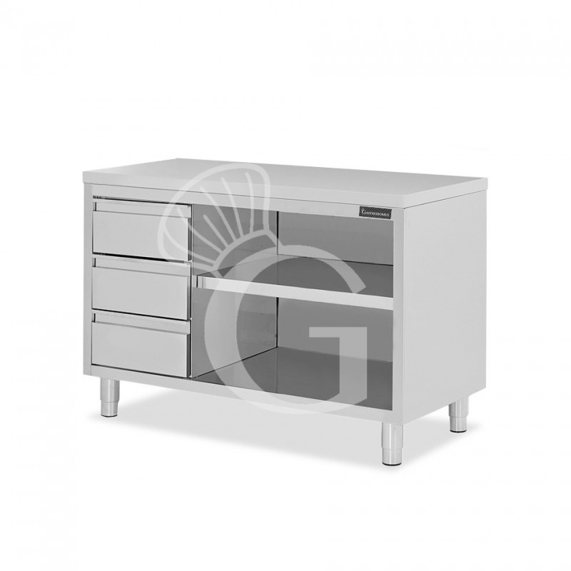 Mesa contrabarra de acero inoxidable 3 cajones en el lado izquierdo L 1600 mm x P 600 mm x A 850 mm