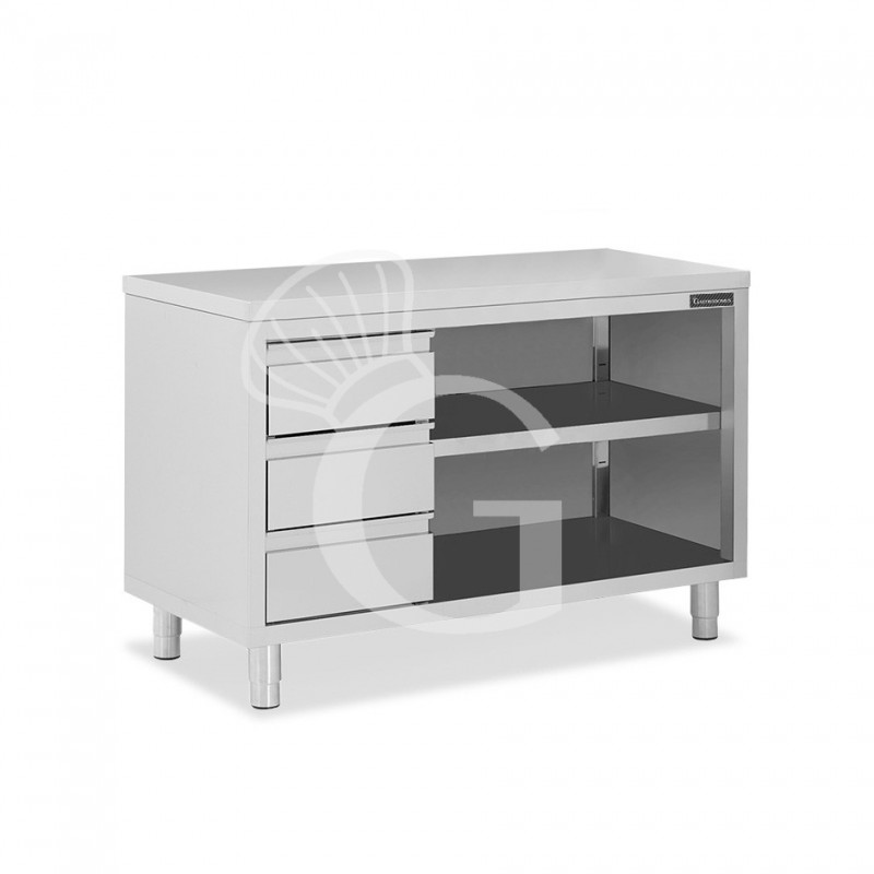 Mesa contrabarra de acero inoxidable 3 cajones en el lado izquierdo L 1700 mm x P 600 mm x A 850 mm