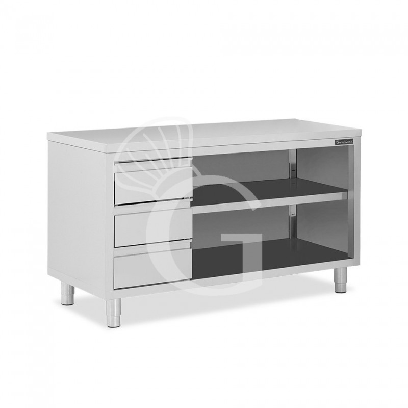 Mesa contrabarra de acero inoxidable 3 cajones en el lado izquierdo L 1800 mm x P 600 mm x A 850 mm