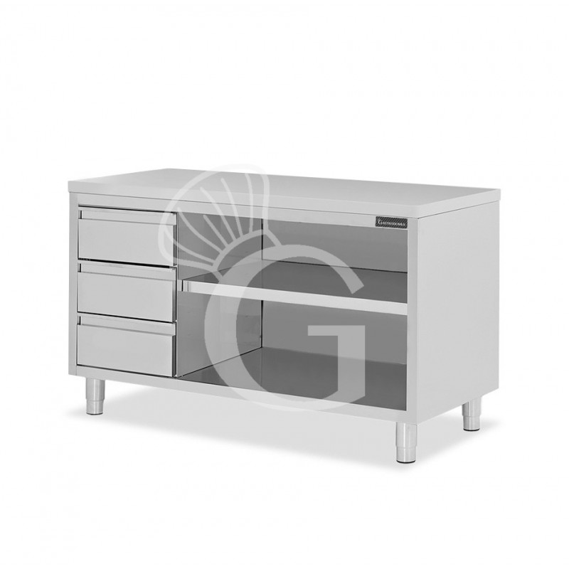 Mesa contrabarra de acero inoxidable 3 cajones en el lado izquierdo L 1900 mm x P 600 mm x A 850 mm