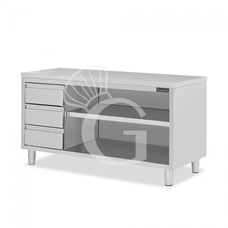 Tavolo a giorno in acciaio inox con 3 cassetti sul lato sinistro, L 2300 mm x P 700 mm x H 850 mm