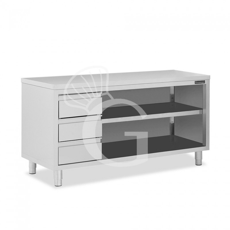 Tavolo a giorno in acciaio inox con 3 cassetti sul lato sinistro, L 2300 mm x P 700 mm x H 850 mm