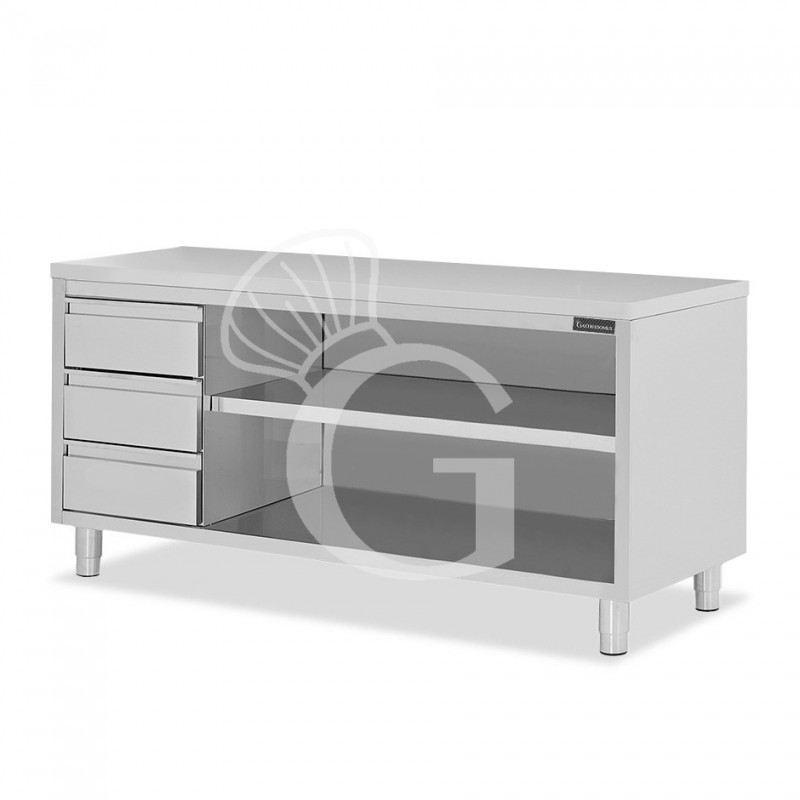 Tavolo a giorno in acciaio inox con 3 cassetti sul lato sinistro, L 2400 mm x P 700 mm x H 850 mm