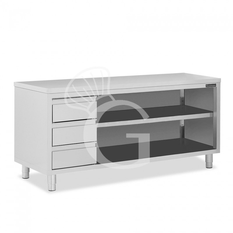 Tavolo a giorno in acciaio inox con 3 cassetti sul lato sinistro, L 2400 mm x P 600 mm x H 850 mm
