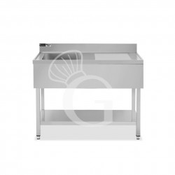 Fregadero inox con 1 cubeta y escurridor a la derecha, estante, peto L1200mmxP700mmxA965mm- con agujero para el grifo Ø 32 mm
