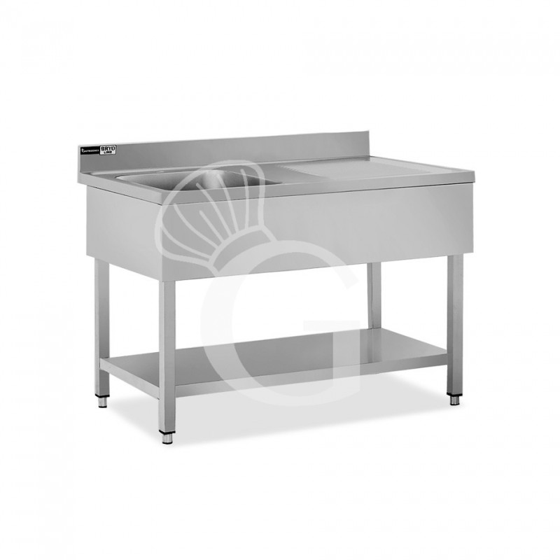 Fregadero inox con 1 cubeta y escurridor a la derecha, estante, peto L1200mmxP700mmxA965mm- con agujero para el grifo Ø 32 mm