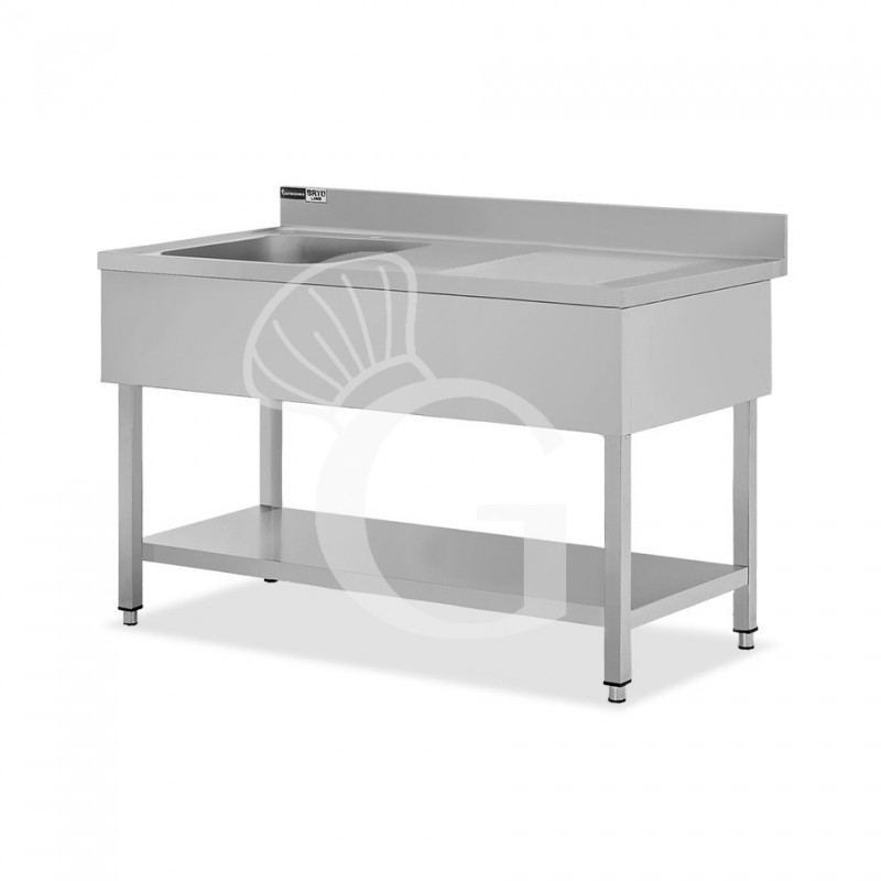Fregadero inox con 1 cubeta y escurridor a la derecha, estante, peto L1400mmxP700mmxA965mm- con agujero para el grifo Ø 32 mm