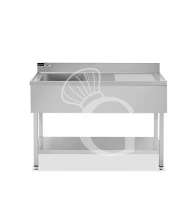 Fregadero inox con 1 cubeta y escurridor a la derecha, estante, peto L1400mmxP700mmxA965mm- con agujero para el grifo Ø 32 mm
