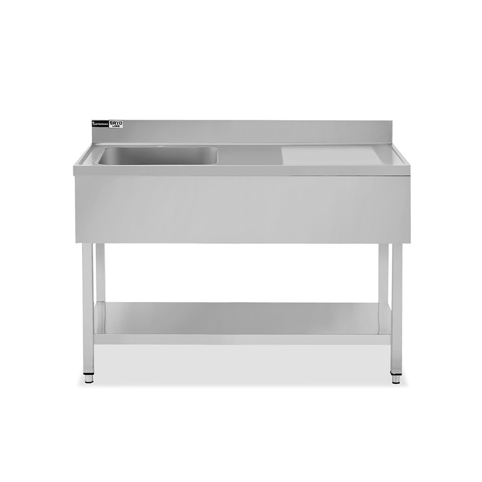 Fregadero inox con 1 cubeta y escurridor a la derecha, estante, peto L1400mmxP700mmxA965mm- con agujero para el grifo Ø 32 mm