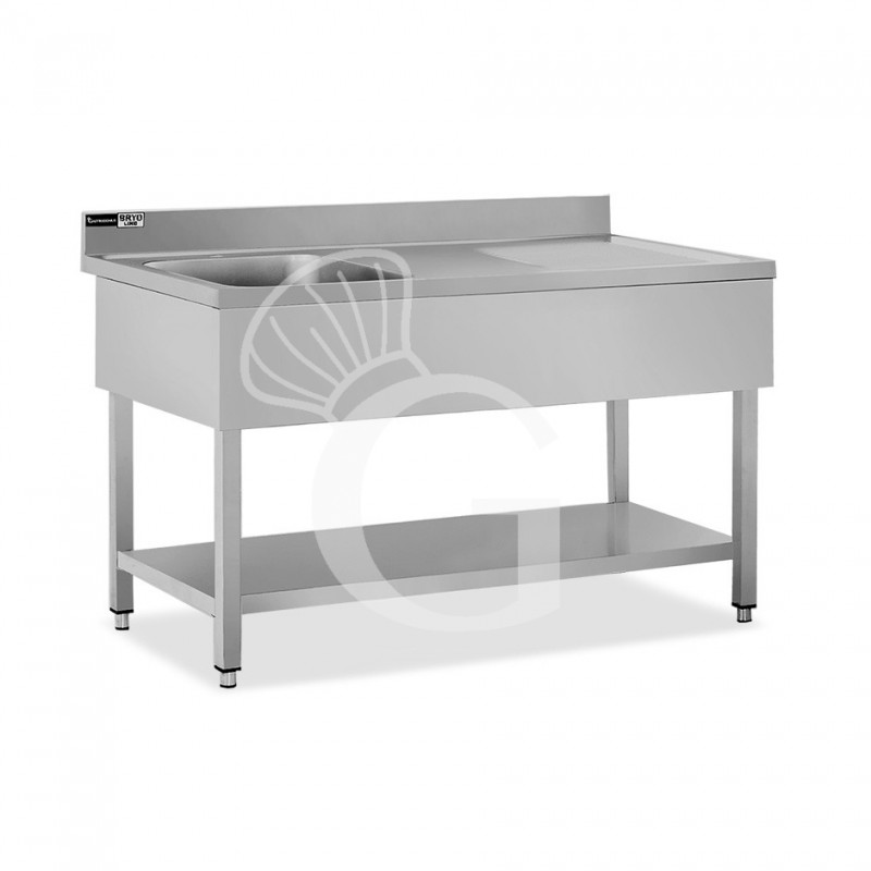 Fregadero inoxi 1 cubeta y escurridor a la derecha, estante y peto L1400mmxP600mmxA965mm-agujero para el grifo Ø 32 mm