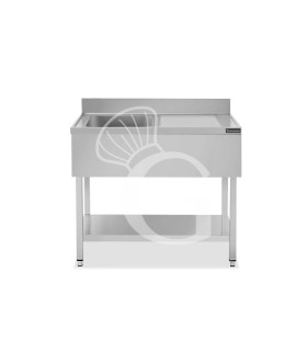 Fregadero inox 1 cubeta y escurridor a la derecha, estante y peto L 1100 mm x P 600 mm x A 950 mm