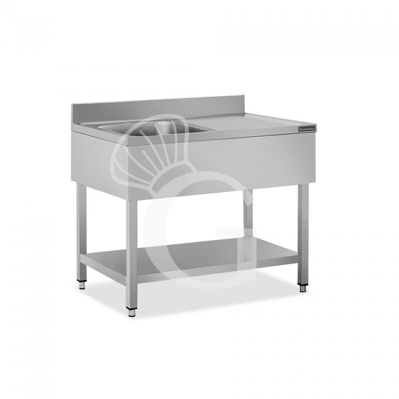 Fregadero inox 1 cubeta y escurridor a la derecha, estante y peto L 1100 mm x P 600 mm x A 950 mm