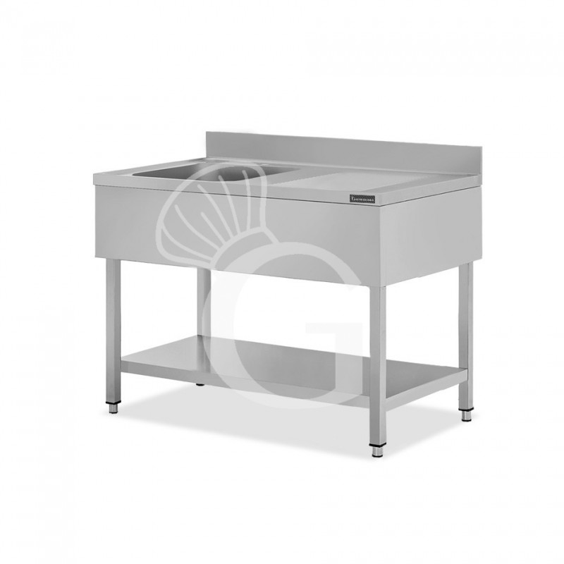 Fregadero inox 1 cubeta y escurridor a la derecha, estante y peto L 1300 mm x P 600 mm x A 950 mm