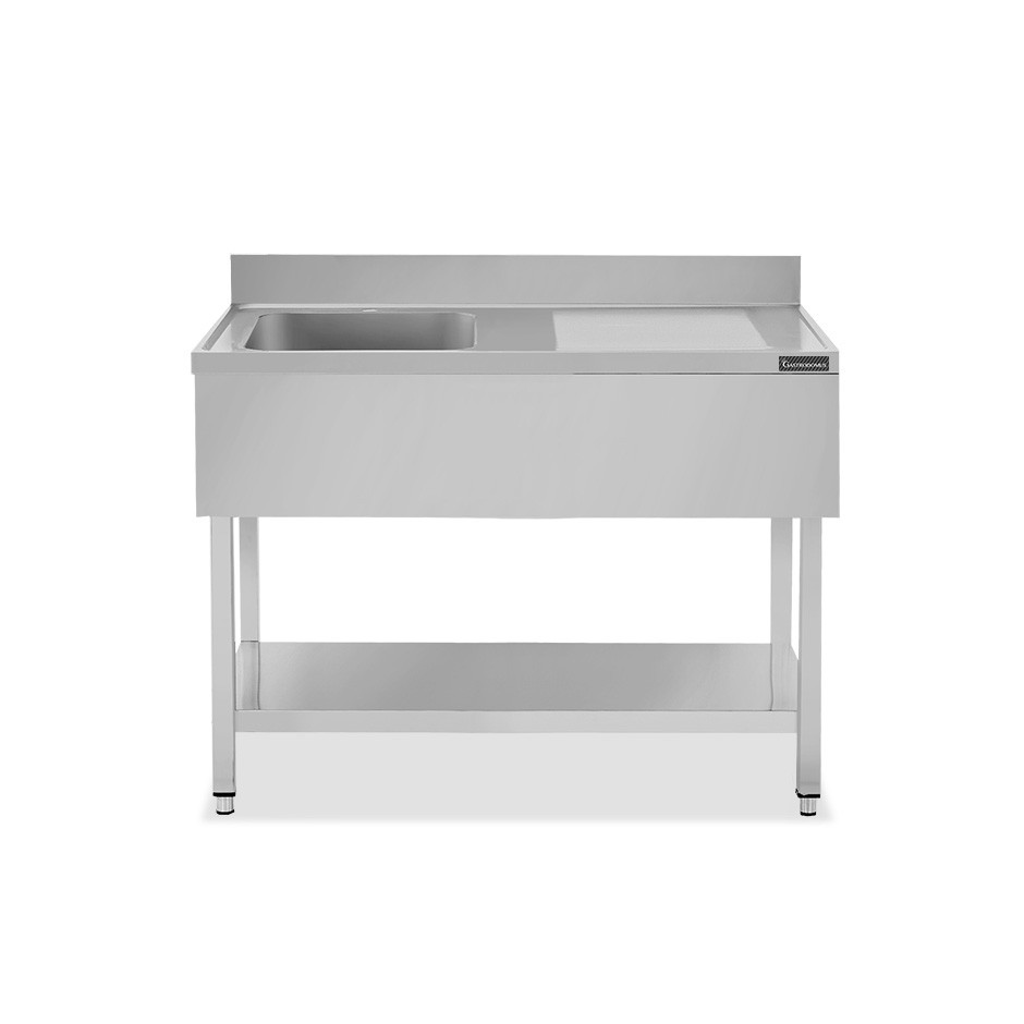 Fregadero inox 1 cubeta y escurridor a la derecha, estante y peto L 1300 mm x P 600 mm x A 950 mm
