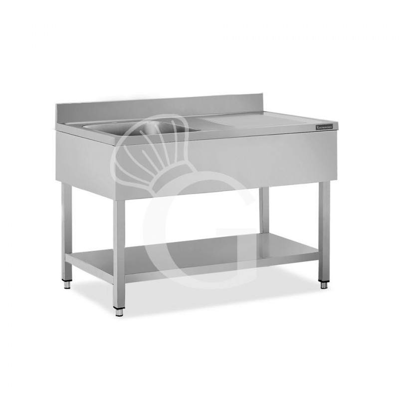 Fregadero inox 1 cubeta y escurridor a la derecha, estante y peto L 1300 mm x P 600 mm x A 950 mm