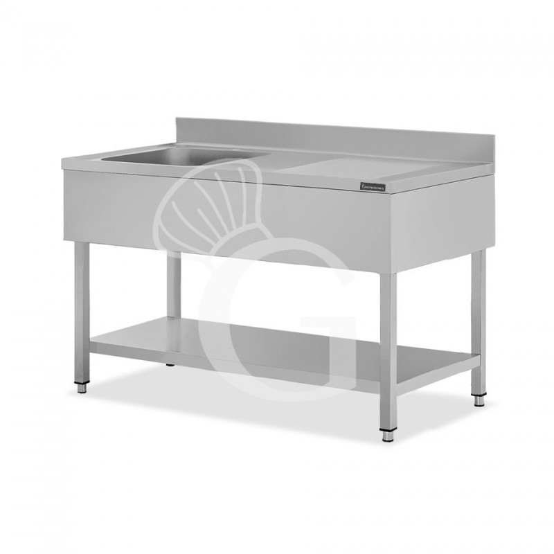 Fregadero inox 1 cubeta y escurridor a la derecha, estante y peto L 1600 mm x P 600 mm x A 950 mm