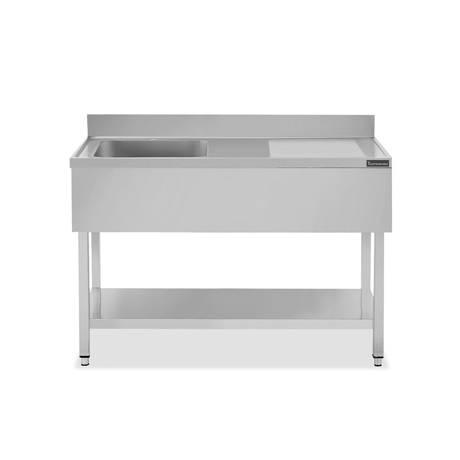 Fregadero inox 1 cubeta y escurridor a la derecha, estante y peto L 1600 mm x P 600 mm x A 950 mm