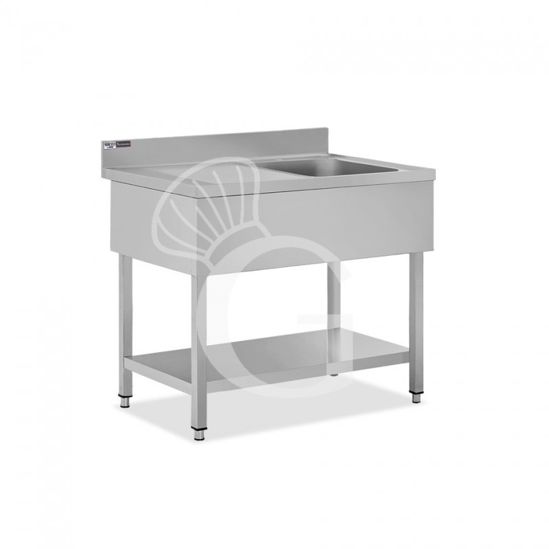Fregadero 1 cubeta y escurridor a la izquierda, estante, peto L 1000 mm x P 600 mm x A 965 mm- con agujero para el grifo Ø 32 mm
