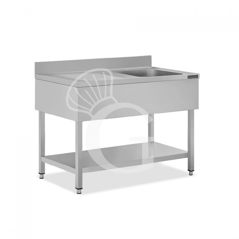 Fregadero inox 1 cubeta y escurridor a la izquierda, estante y peto L 1200 mm x P 600 mm x A 950 mm