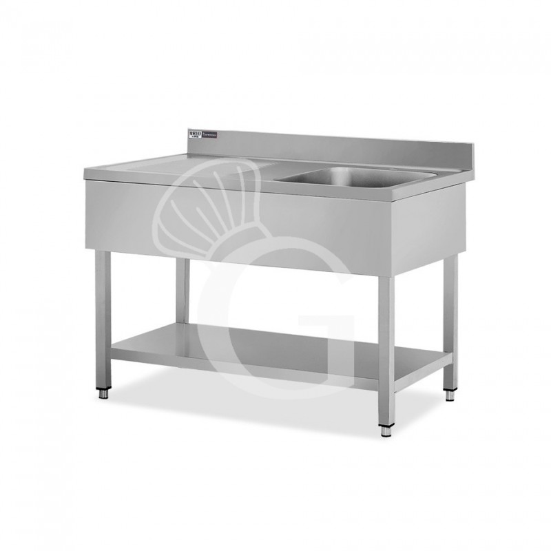Fregadero inox con 1 cubeta y escurridor a la izquierda, estante, peto L1200mmxP700mmxA965mm- con agujero para el grifo Ø 32 mm
