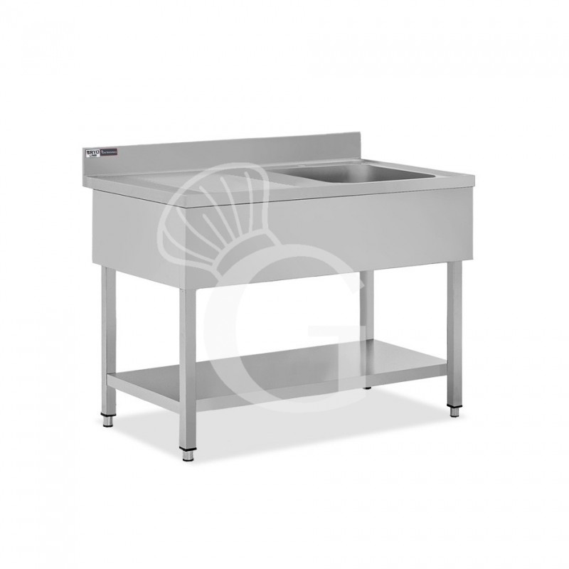 Fregadero inox con 1 cubeta y escurridor a la izquierda, estante, peto L1200mmxP700mmxA965mm- con agujero para el grifo Ø 32 mm
