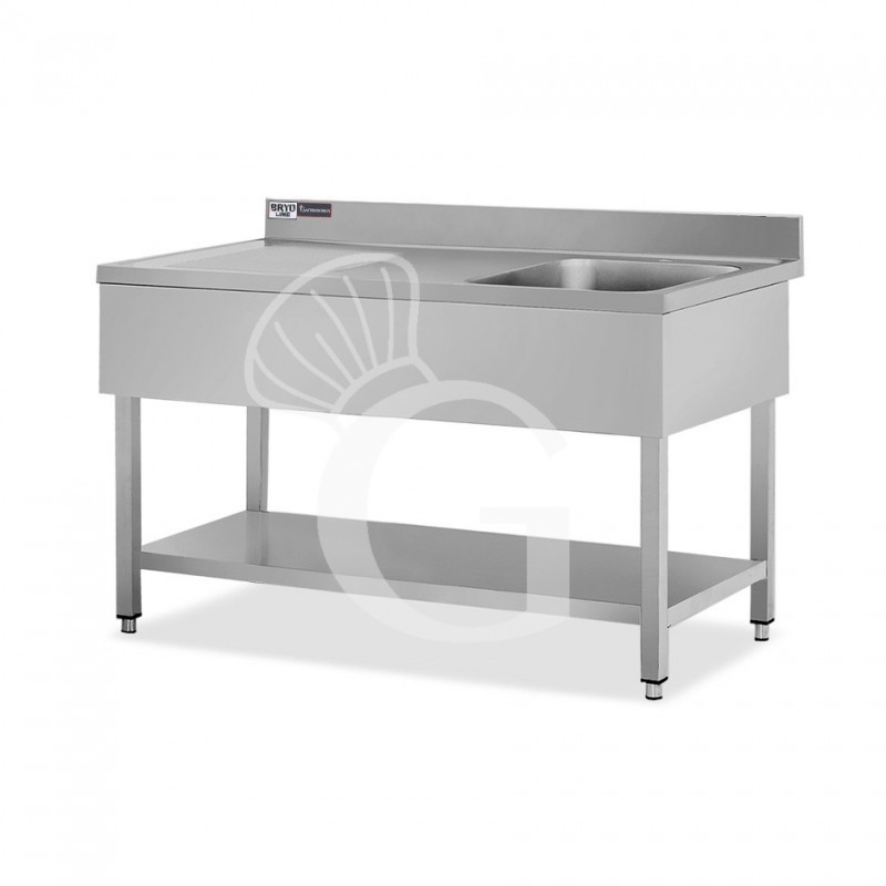 Fregadero inox con 1 cubeta y escurridor a la izquierda, estante, peto L1400mmxP700mmxA965mm- con agujero para el grifo Ø 32 mm