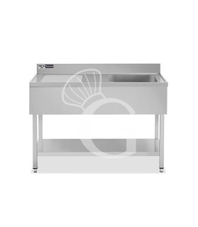 Fregadero inox con 1 cubeta y escurridor a la izquierda, estante, peto L1400mmxP700mmxA965mm- con agujero para el grifo Ø 32 mm