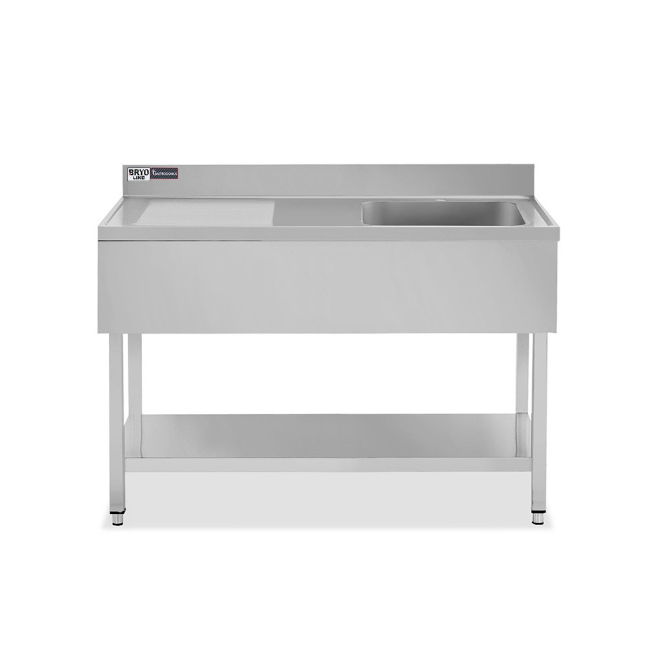 Fregadero inox con 1 cubeta y escurridor a la izquierda, estante, peto L1400mmxP700mmxA965mm- con agujero para el grifo Ø 32 mm